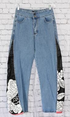 Boho Skater Floral High Rise Wide-Leg Barrel Baggy Pants Denim Jeans